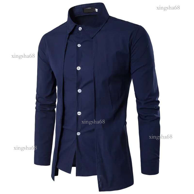 New 2018 Fashion Casual Wholesale Men Off Two Fake Piece Two-Door Collar Garment Leisure Dress Shirt Long Sleeve Shirts