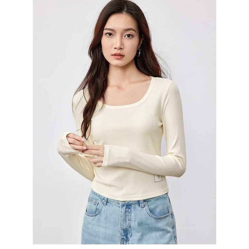 Lyocell Knitted T-Shirt For Women Spring 2025 Casual Solid U Collar Long Sleeve Simple Basic Pullover Tees