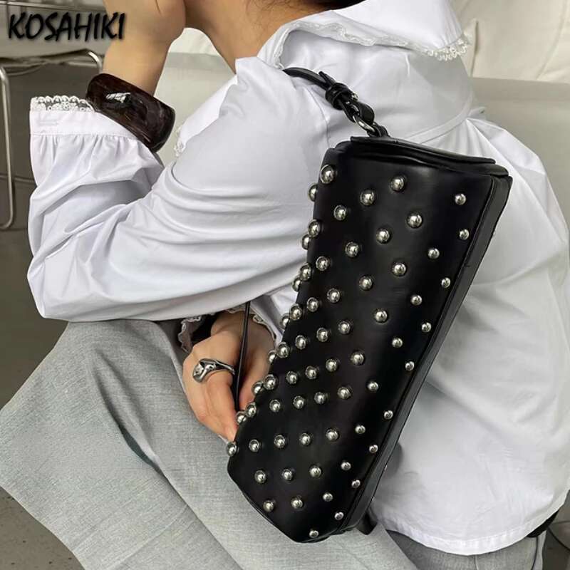 2025 New Design Rivets Purses And Handbags Women Fashion Vintage Shoulder Bags All Match Punk Y2k Aesthetic Underarm Bag