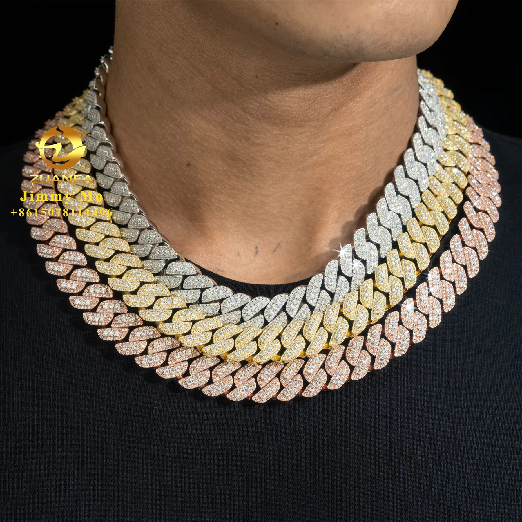 Bulk Stock Popular Pass Diamond Tester 925 Solid Silver 15mm Two Rows Iced Out Hip Hop VVS1 Moissanite Diamond Cuban Link Chain