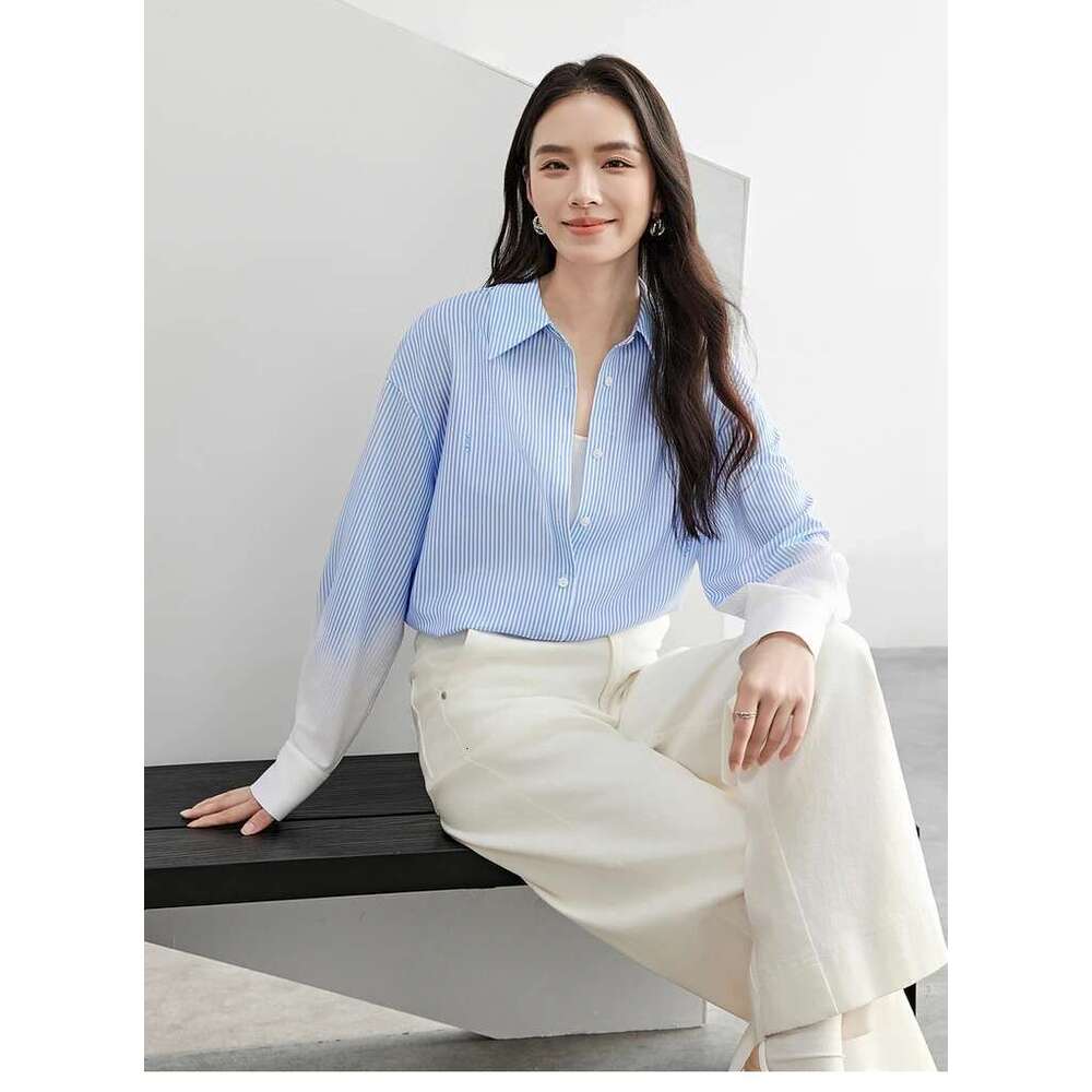 Spliced Striped Shirt Women's 2025 Spring Fashion Casual Loose Turn Down Collar Single Breasted Cozy Blouse