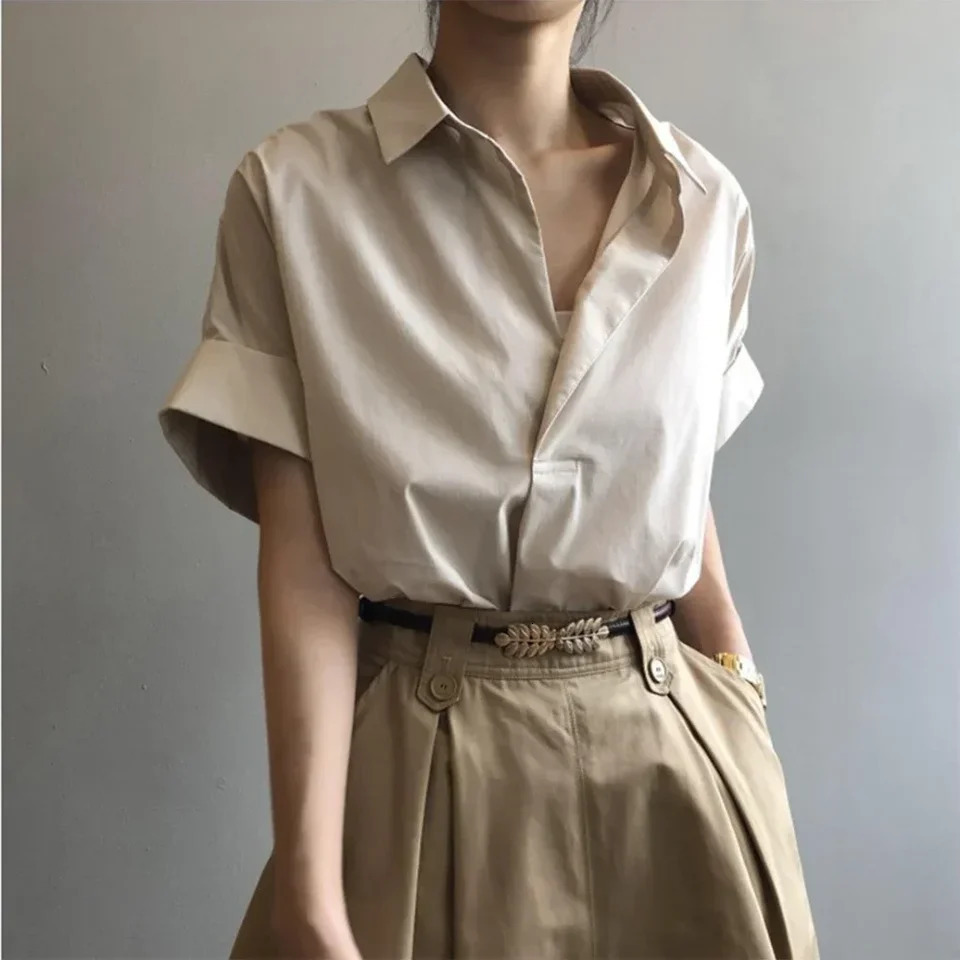 Women Blouses Spring Summer Breathable Simple Short Batwing Sleeve Turn Town Quick Dry Collar Shirts Solid Color Female Clothing 250226