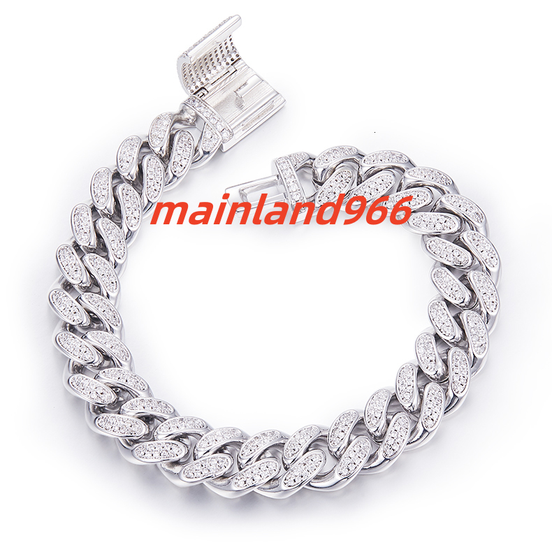12mm Wide Cuban Chain Bracelet with S925 Silver Moissanite Diamond Stone Round White VVS D Class Grade Fine Jewelry