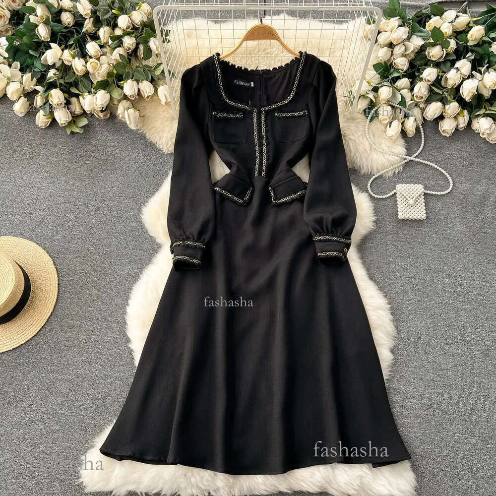 Casual Dresses Autumn Winter Dress Women Long Sleeve Thicken Herburn Style Elegant Office Lady Evengin Dinner Vestidos Black