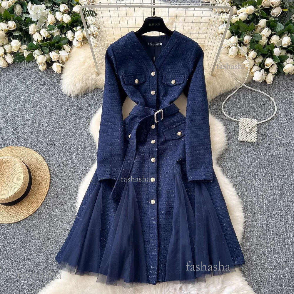 Urban Sexy Women Dresses Autumn Vintage Long Sleeve Mesh Tulle Tweed Woolen Midi Dresses Womens Pearls Golden Single Breasted Diamonds Belt Clothing