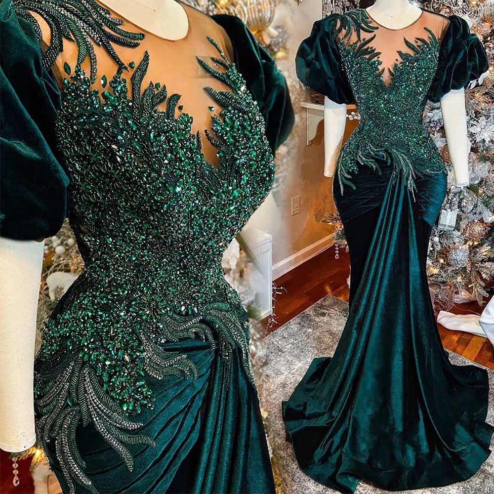 Plus Size Dark Green Mermaid Prom Dresses Beaded Crystals Velvet Evening Formal Party Second Reception Birthday Engagement Gowns Evening Dress