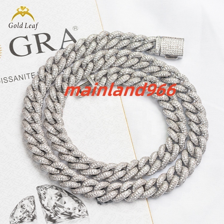 Goldleaf Luxury 10mm Iced Out Cuban Chain Necklace Hip Hop White Gold Plated S925 Sterling Silver Moissanite Cuban Link Chain