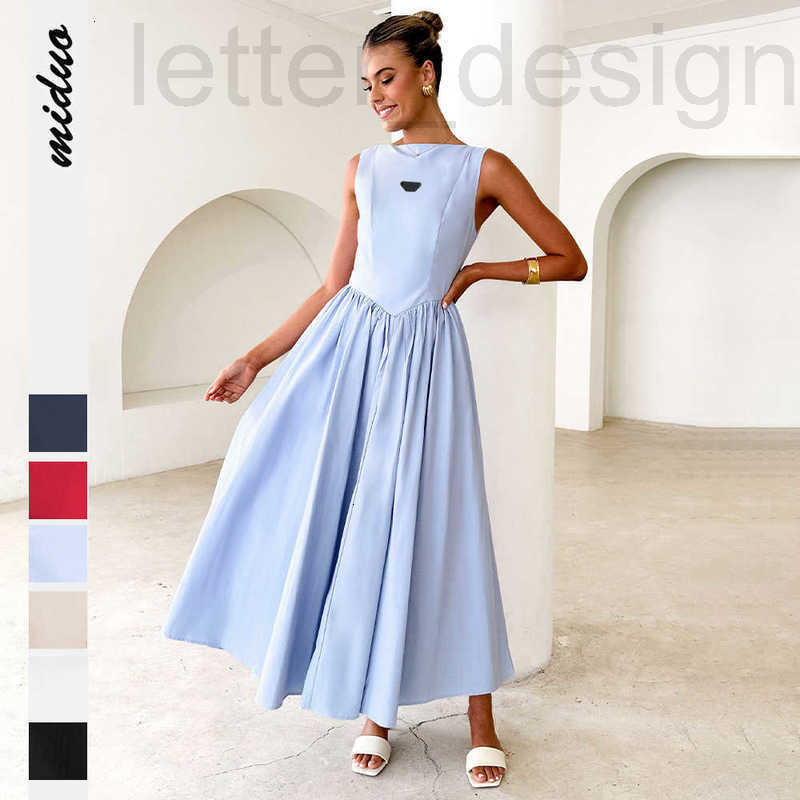 Basic & Casual Dresses Designer 2025 Summer Womens One Word Neck Solid Color Sleeveless Outbacked Folded Long Dress GN27