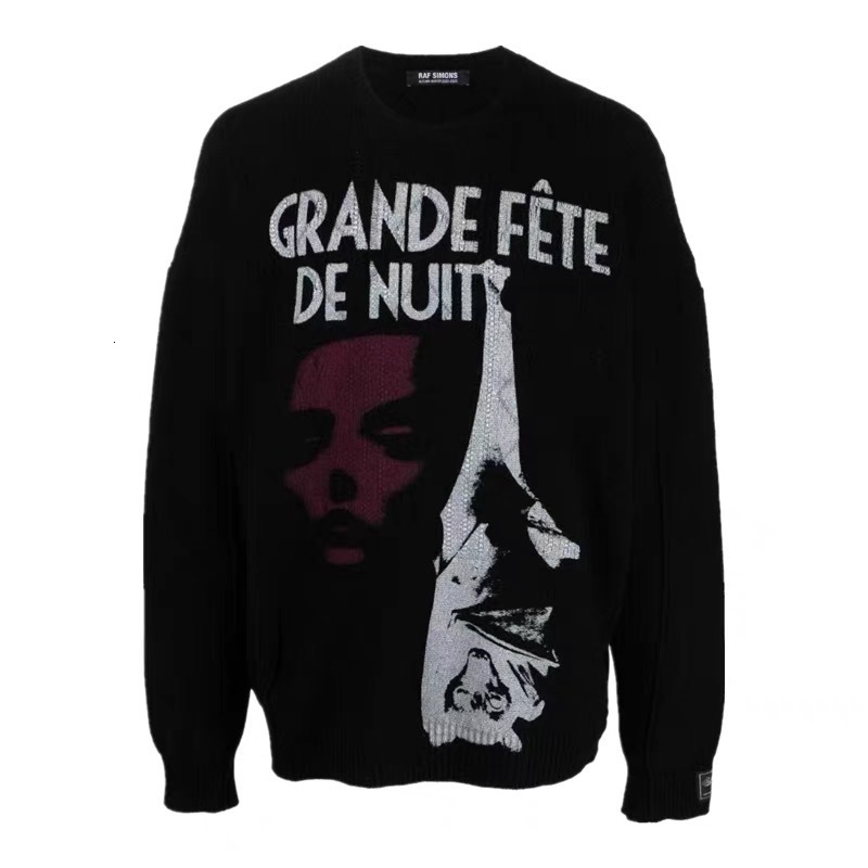 Men's Sweaters Raf Simons destruction vintage portrait slogans printed stickers mens and womens loose knit sweaters