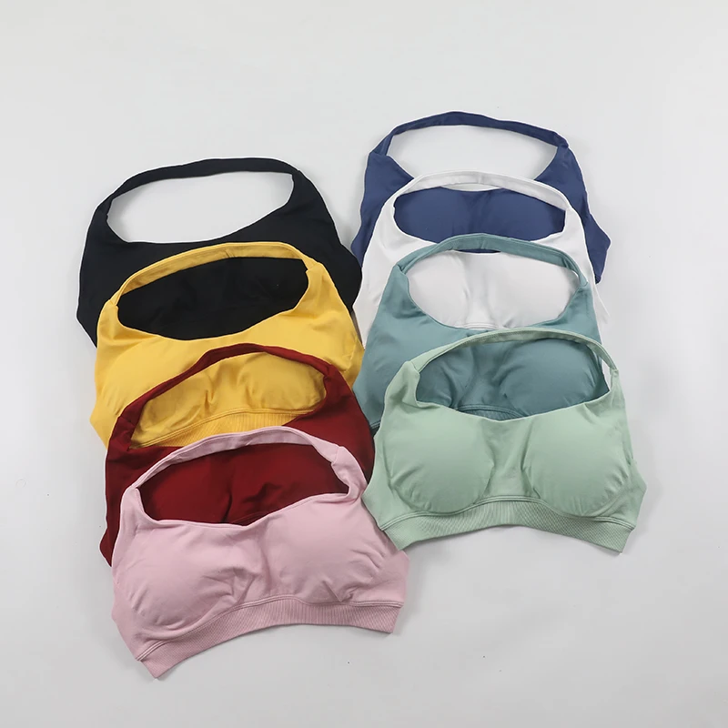 Sports Bra for Women Seamless Halter Neck Strap Bra Sexy Open Back Padded Yoga Top Bra Medium Support Gym Crop Top Fitness Activewear Running Workou