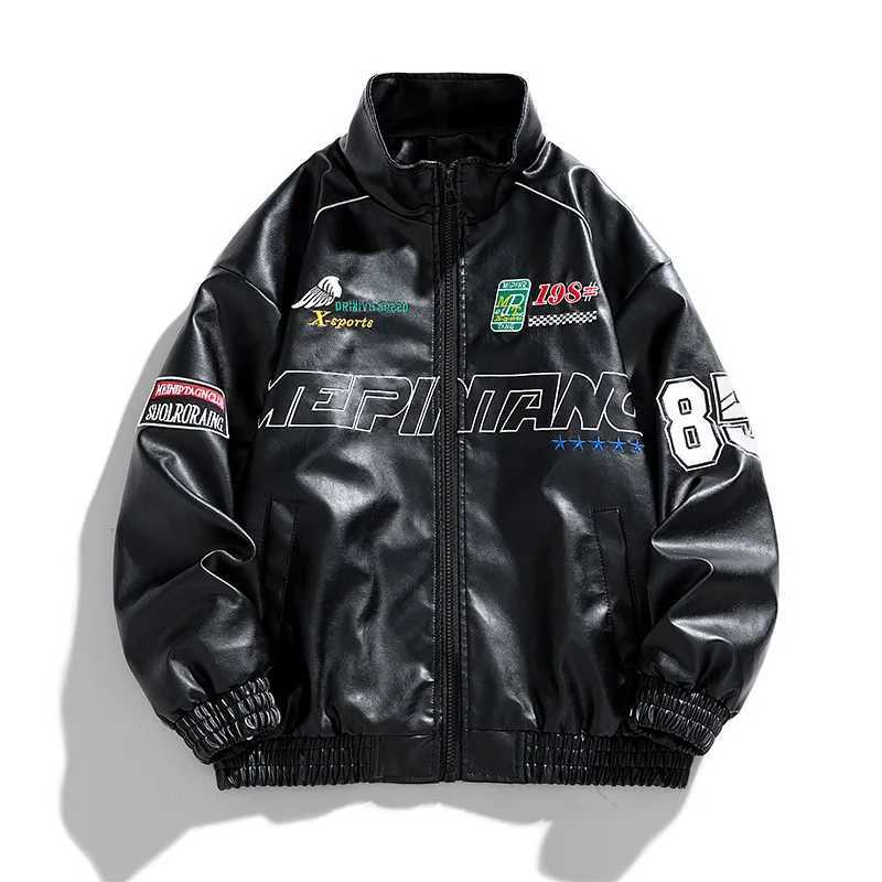 Men's Jackets Mens Leather Jacket Pu Letter Embroidery Motorcycle Jacket Retro Hip Hop Windbreaker Biker Coat Street Fashion Black White Green