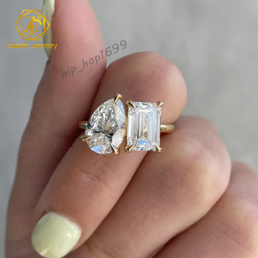 Yellow Gold 14K D+ Color FL Pear and Emerald Diamond Stone 2CT 3CT Toi Et Moi Double Setting Moissanite Wedding Ring for Women
