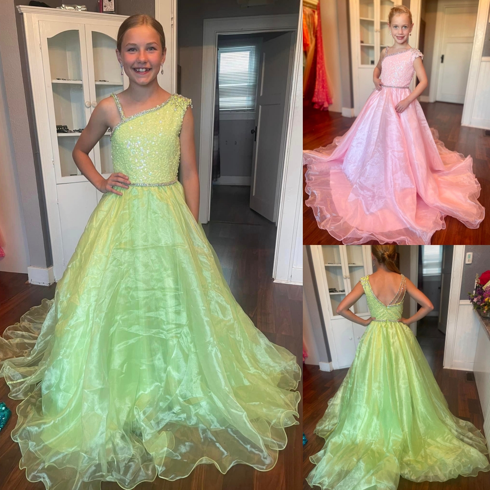 Robe longue de concours de beauté pour fille préadolescente 2025, ligne a, une épaule, haut à paillettes et perles, Kiwi, organza, robe de soirée