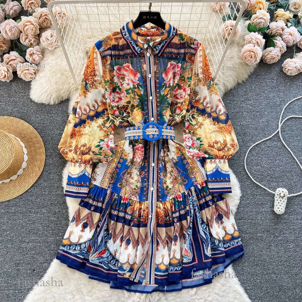 Basic Casual Dresses High Quality Flower Print Dress With Sashes Summer Women Vestidos Stand-Up Collar Single-Breasted Lantern Sleeve A-Line Dre