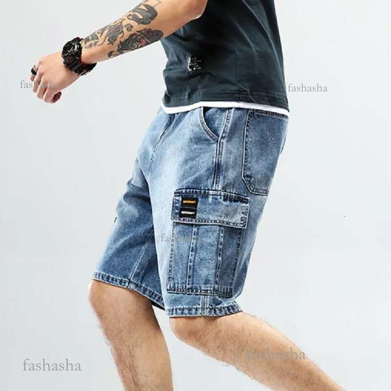 Mens Jeans Summer Plus Size Five-Point Pants Overalls Shorts Mens Fashion Trend Multi-Pocket Middle D