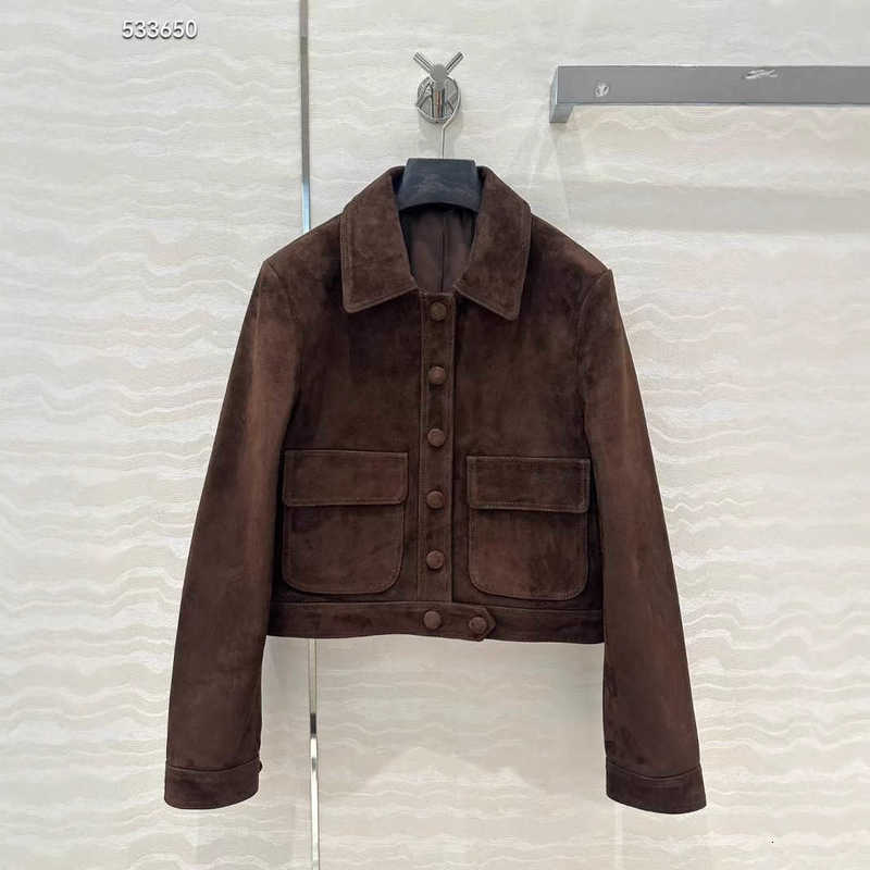 Women's Jackets designer 2025 Spring New Sweet Cool Girl Style Brown Coffee Deer Skin Suede Crafted Collar Leather Jacket DMGB