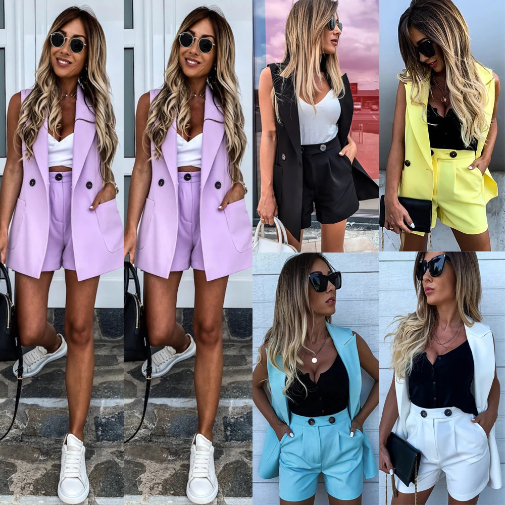 Womens twopiece suit waist coat and shorts set solid color vest single button yellow sleeveless jacket 250305