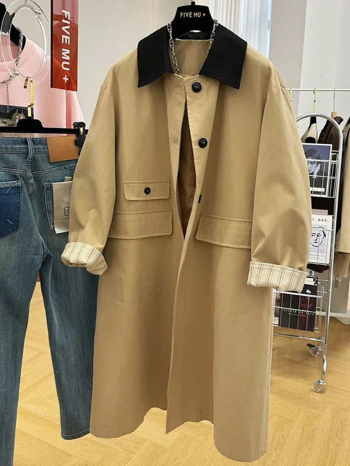 panelled color turn down collar womens jacket autumn winter loose mid long Trench coat casual outwears jacket female 250306
