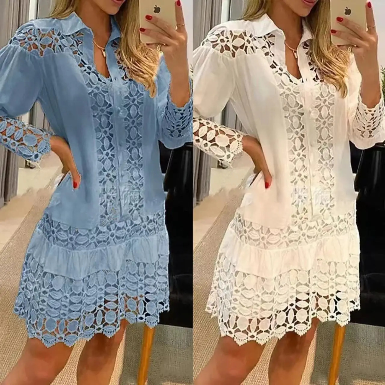 Dresses For Women Long Sleeve 2 Piece Sets Solid Color Lace Splicing Fashion Cutout Shirt Elegant Female Sexy Dress 250306