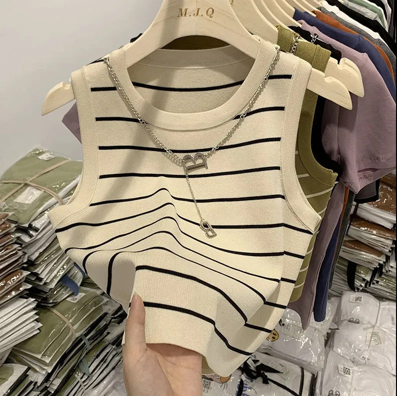 Women's Lolita Style Striped Sleeveless Vest Top, Slim-Fit Silk Blend Tank Shirt with Necklace Accessory and Tassel Detail - Outdoor Recreation Casu