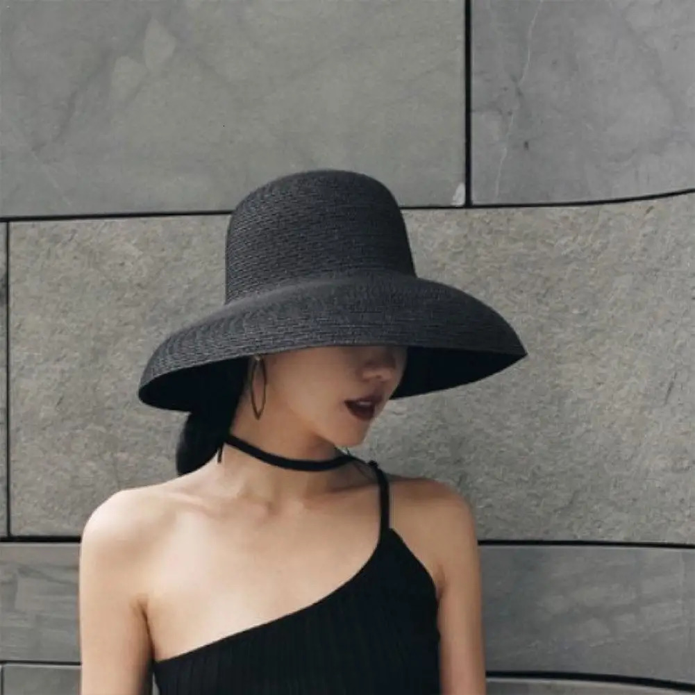 Summer Sun Hats Ladies Solid Plain Elegant Wide Brim Hat Female Round Top Panama Floppy Straw Hat Hepburn Beach Hat250304