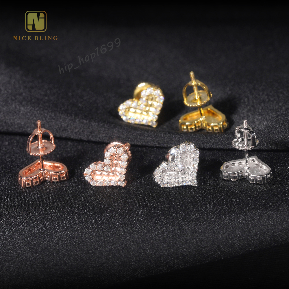 Women Fine Jewelry Ear Stud Moissanite Stone Pass Diamond Tester 925 Sterling Silver Heart VVS Moissanite Ice Out Stud Earring