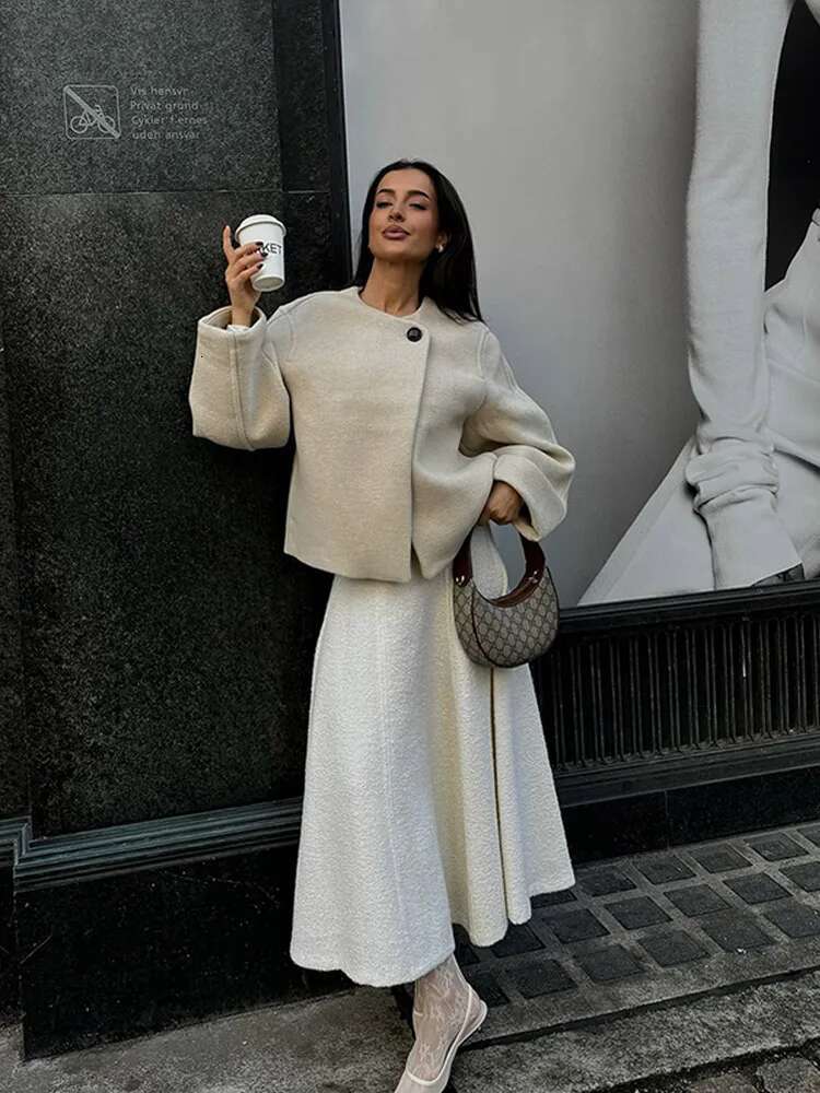 Elegant Solid One Button Woolen Blend Jackets Women Fashion O-Neck Long Sleeve Pockets Coat New Ladies Autumn Commute Outwears