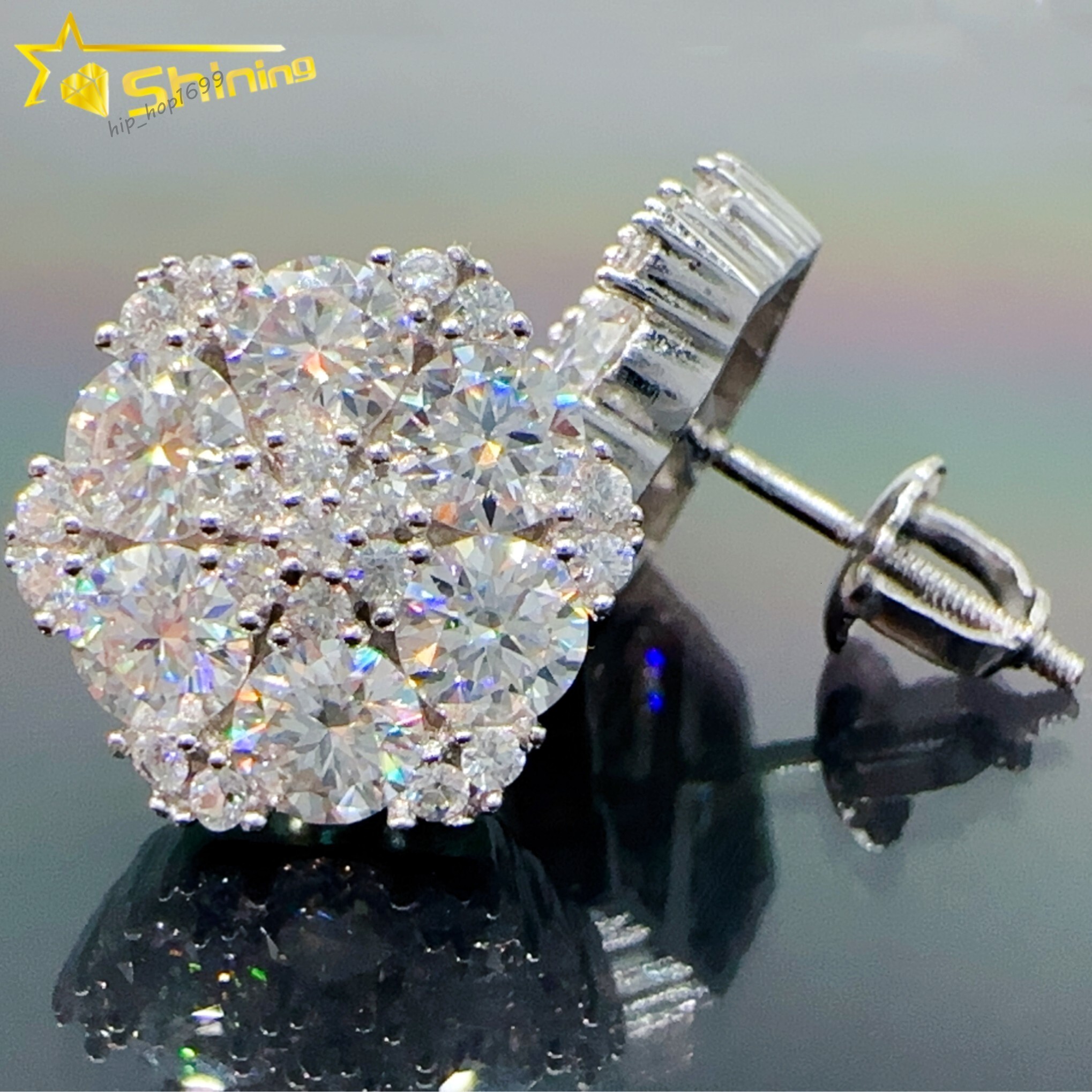 Pass Diamond Tester Iced Out Hip Hop Earrings 925 Screw Back Flower Moissanite Stud Earrings with GRA Certificate