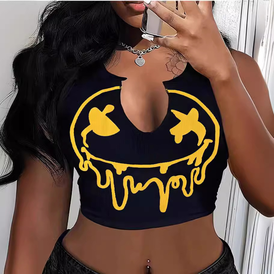 Y2K Women's Tank Top, Sleeveless U-Neck Halter Shirt with Wrapped Chest, Split Detail, Striped Navy Blue Design and Yellow Cartoon Letter Print, Spa
