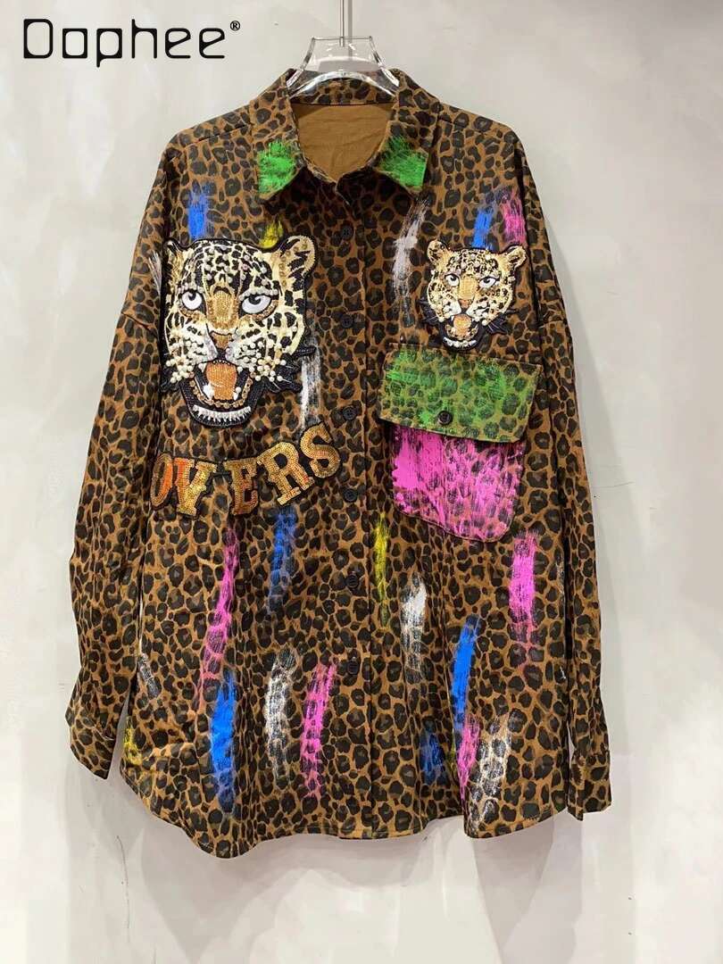 Trendy Brand Leopard Print 2024 Autumn New Cartoon Graffiti Mid Length Loose Shirt Denim Jacket Women