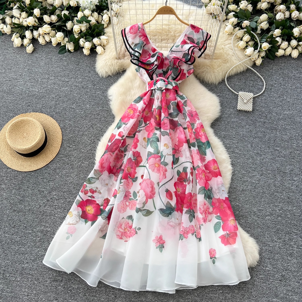 Robe élégante française, sensation haut de gamme de l'été sociale, col en v à volants, taille cintrée, effet minceur, jupe longue imprimée avec u