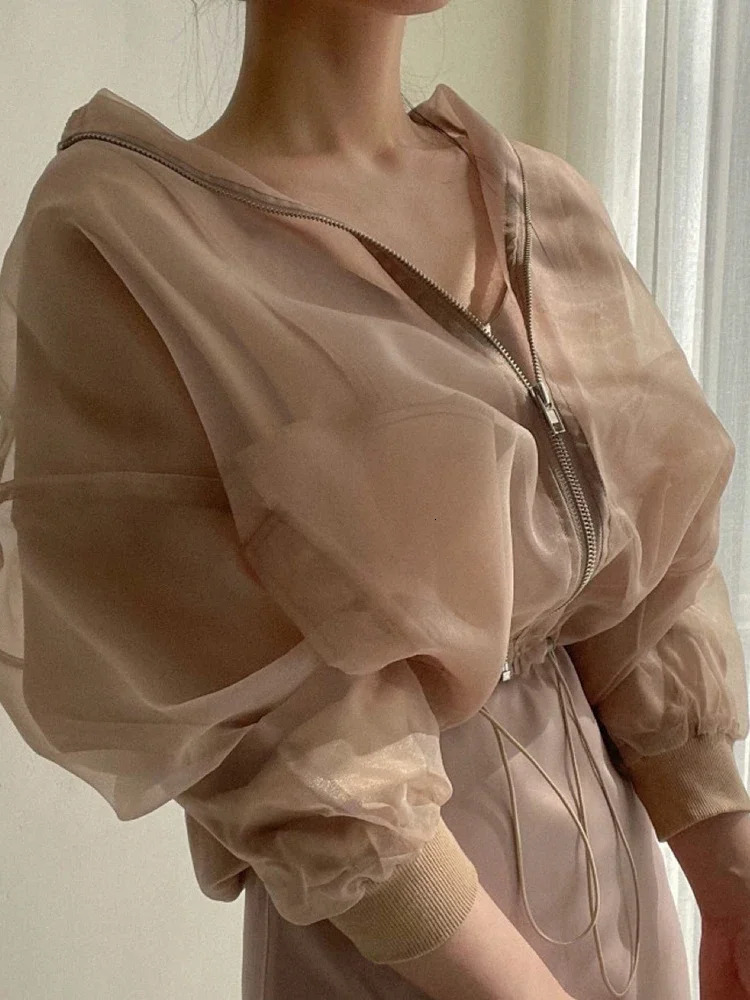 GALCAUR Korean Style Sun Protection Jackets For Women V Neck Loose Long Sleeve Patchwork Zipper Coats Female Clothing Style 250306