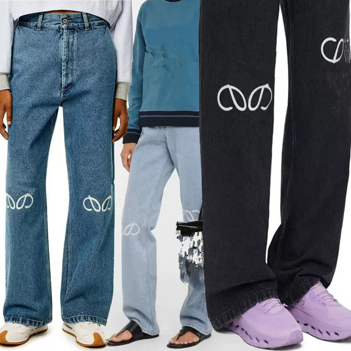 Designer spring summer autumn winter women's new high-waisted hollow-embroidered LOGO decoration casual dark blue straight leg denim pants