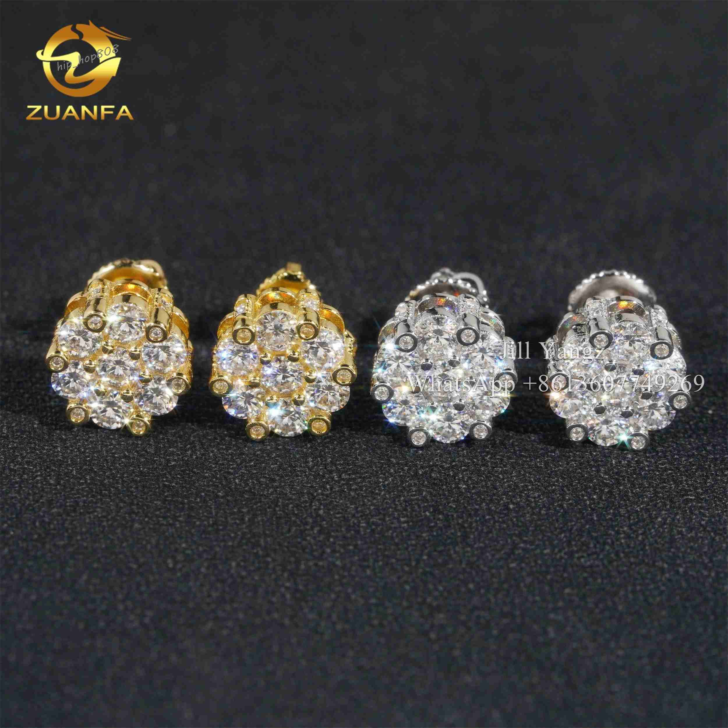 Zuanfa Jewelry 925 Sterling Silver VVS Moissanite Cluster Stud Earrings Factory Wholesale White Gold Plated Ear Studs