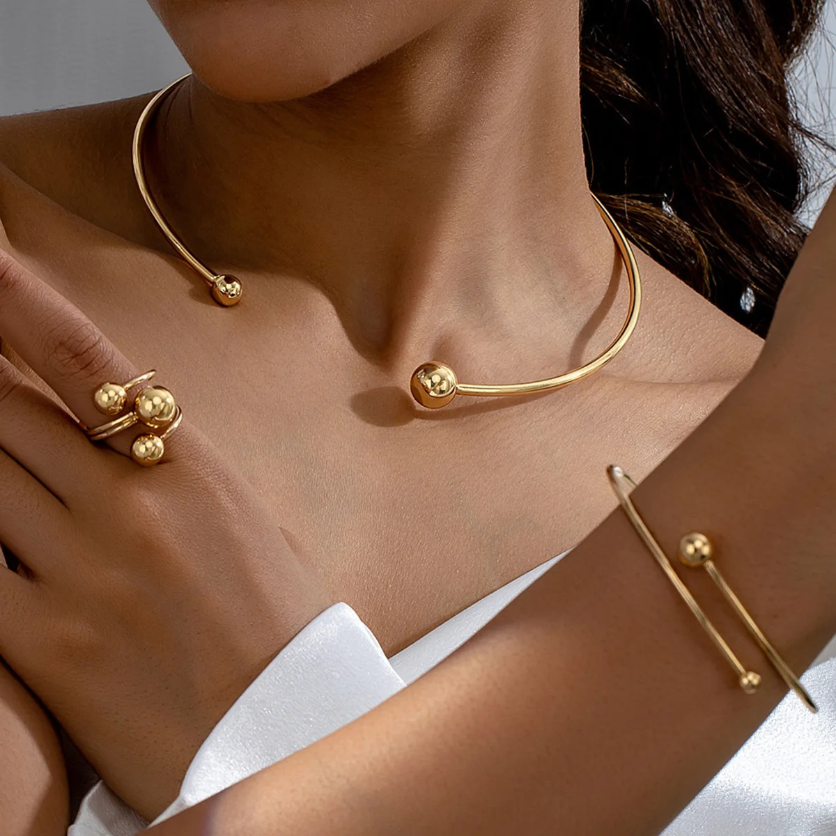 Jewelry Set for Women Simple Asymmetric Geometric Beads Gold-plated Ring Bracelet Necklace Smooth Opening Accessories Gifts250304