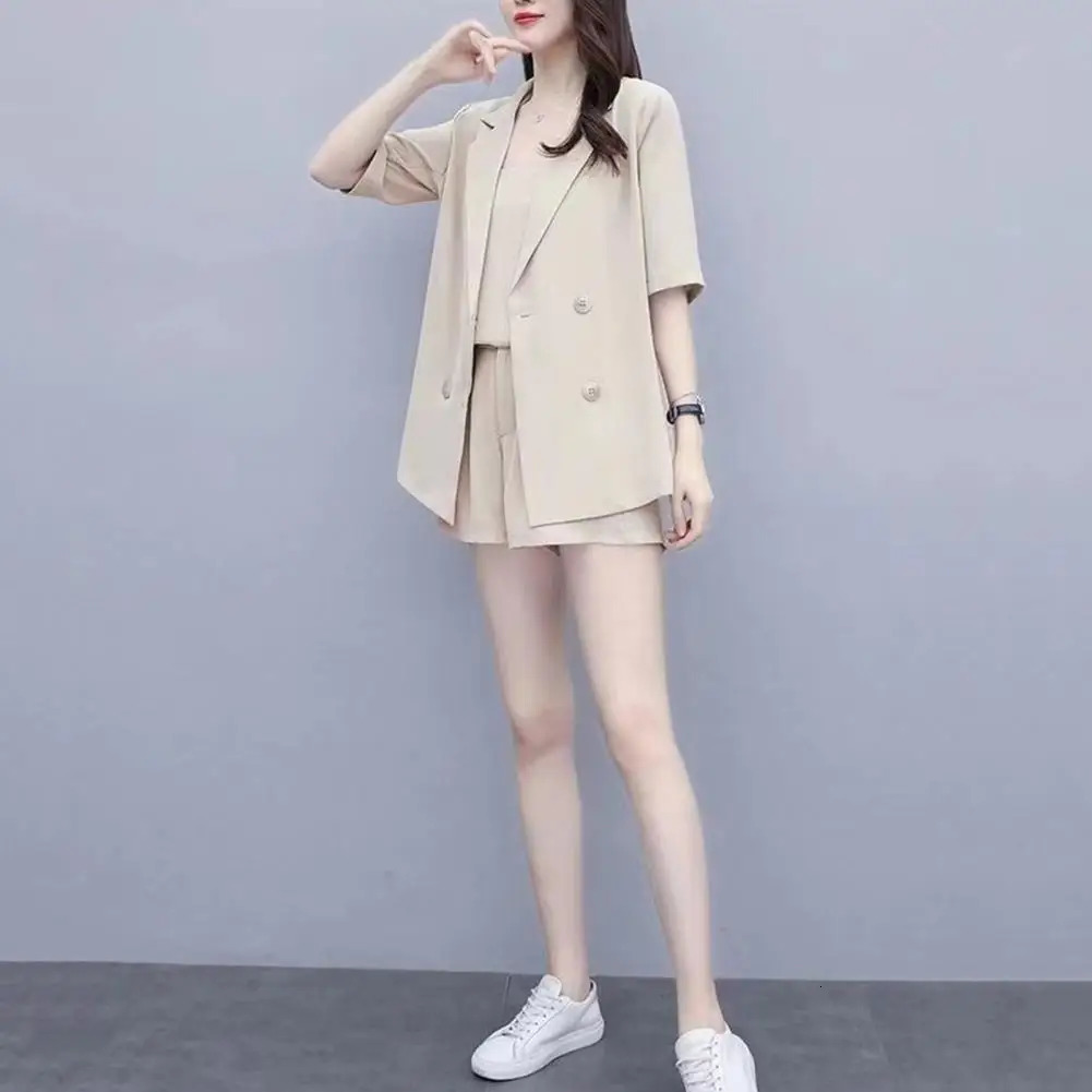 3 PcsSet Womens Formal Suit Sleevless Vest High Waist Shorts Short Sleeve Doublebreasted Lapel Coat Solid Color OL Commute Offi 250305