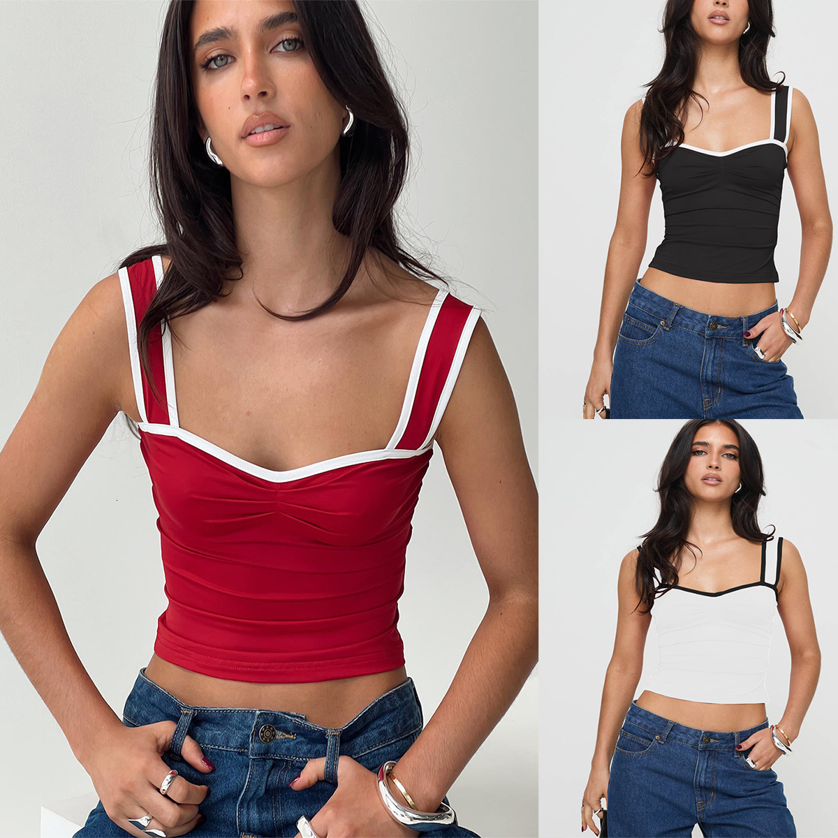 2025 Summer New Women's T-shirt Color Contrasting Sexy Tank Top With Wrinkle And Spicy Flavor For Girls' Youth Outdoor Sports Tank Top
