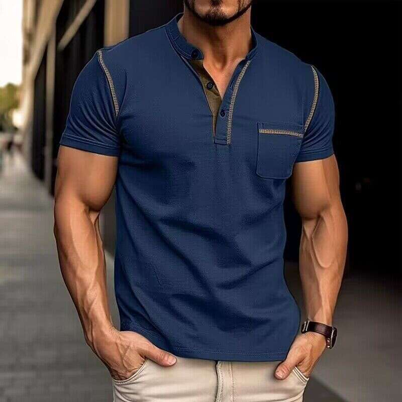 Summer European and American short sleeved Henry shirt color blocked T-shirt men's wholesale 2025 new casual fashion trend clothing