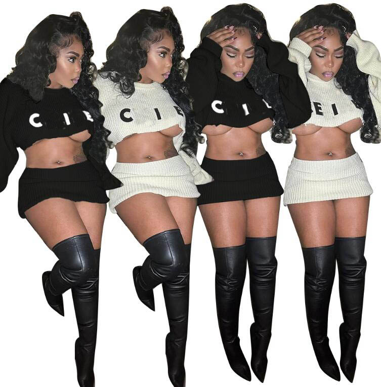 Spring new women's fashion sweater dress designer sexy embroidery long sleeved sweater and mini skirt 2-piece set Dresses