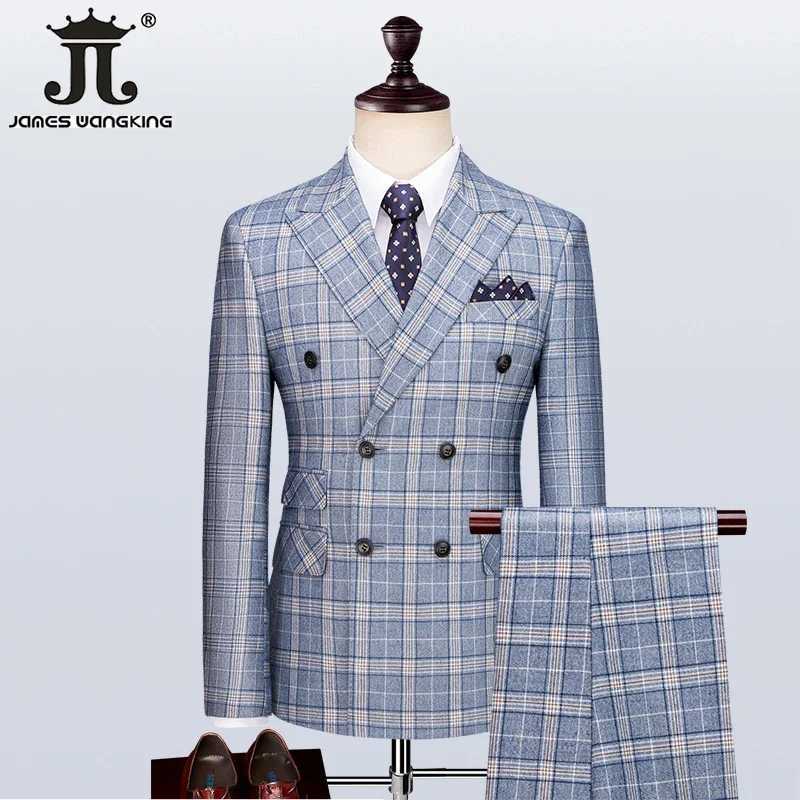 (Jacket+Vest+Pants) High end brand fashion plaid mens formal business suit 3Pce groom wedding dress evening gown casual slim fit set W250310