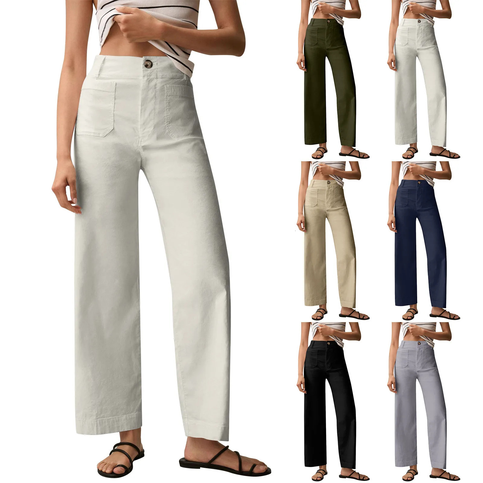 Womens Solid Color Casual Wide Leg Straight Ninepoint Pants With Pockets for Women 250310