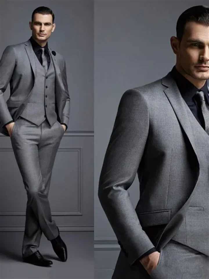 3 pieces Dark Grey Mens Suit New Fashion Groom Suit Wedding Suits For Men Slim Fit Groom Tuxedos For Man (Blazer+vest+pants) W250310