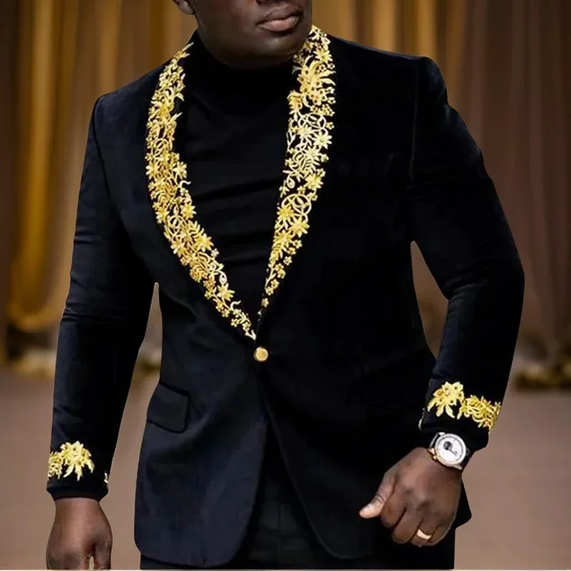 Floral African Suits For Men Wedding Tuxedo Slim Fit Party Black Velvet Smoking Jacket With Pants 2 Pieces Male Costume