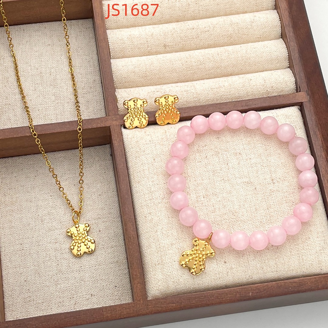 New Arrival Fashion Women Men Silver Gold Stainless Steel Bear Pink Blue Bead Cartoon Animal Heart Span Wire Bangle Pendant Necklace Earrings Set-image-1048026254