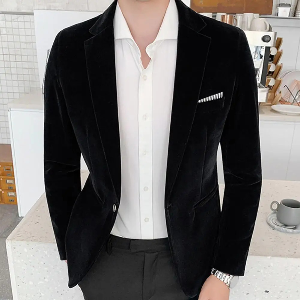 Spring Velvet Men Blazer Solid Color Temperament Suit Jacket Turndown Collar Long Sleeve Slim Fit Single Button Coat 250226