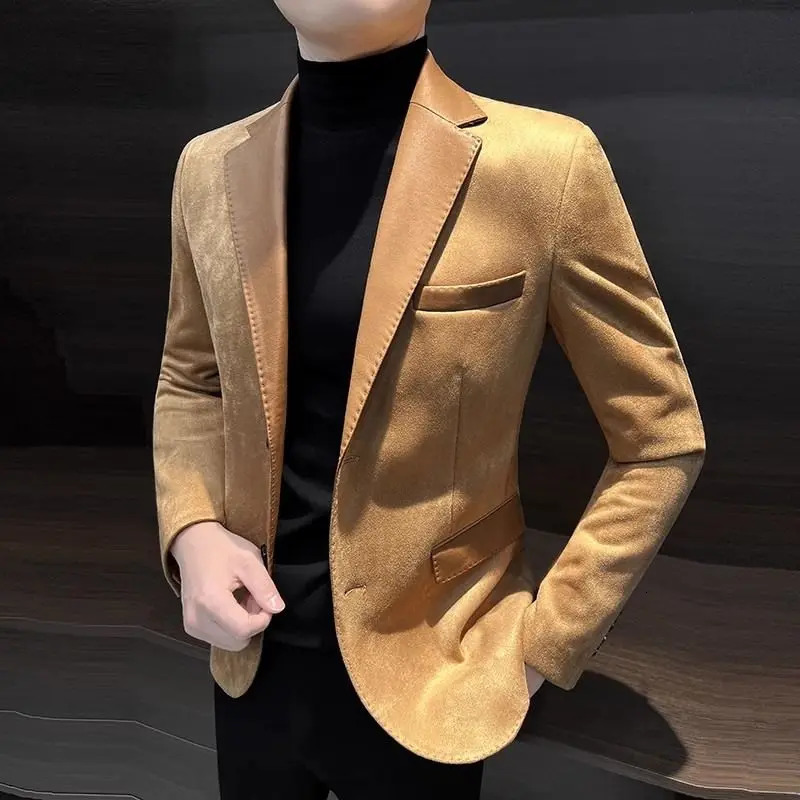 Spring Autumn Fashion Long Sleeve Turndown Collar Patchwork Solid Blazers Mens Clothing Korean Pockets Button Chic Tops 250305