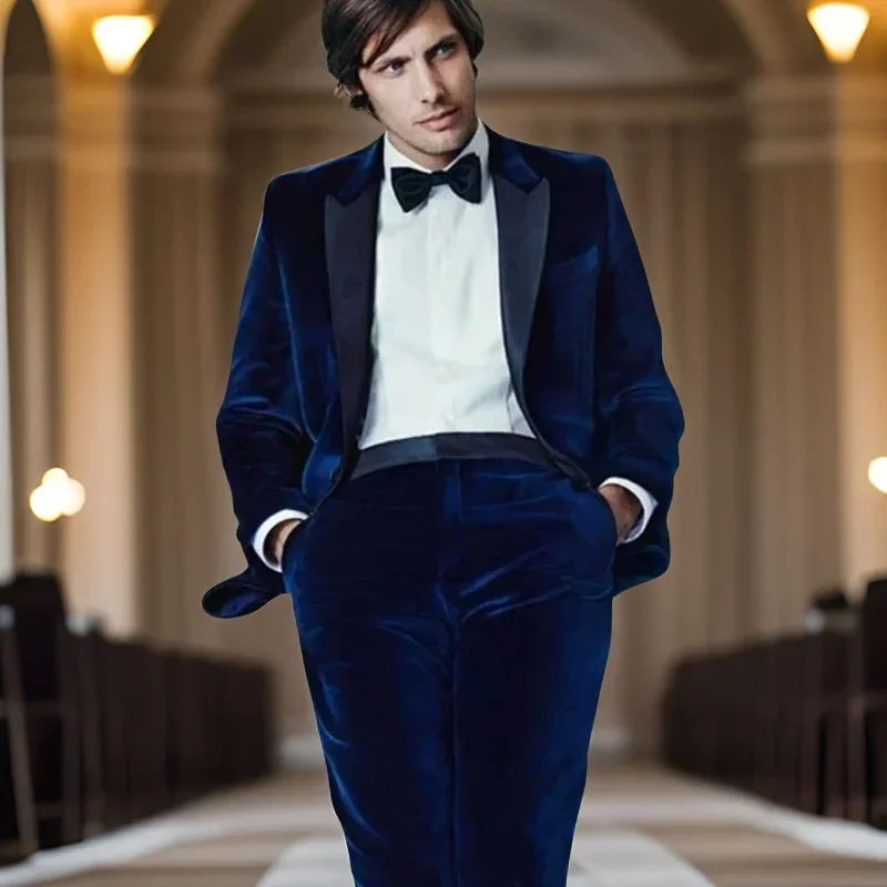 Wedding Men Suits Slim Fit Peak Lapel Tuxedo For Groom 2 Pcs Royal Blue Velvet Smoking Fashion Blazer (Jackets+Pants)