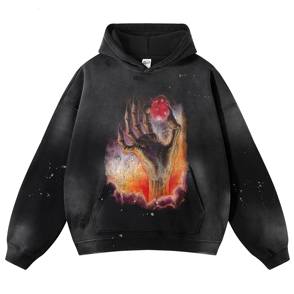 hiphop streetwear mens retro hoodie sweatshirt Japanese anime graphic Pullover Harajuku cotton washed black 250310