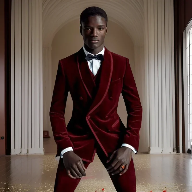 Velvet Suits For Men Double Breasted Shawl Lapel Groom Tuxedo Slim Fit Wedding 3 Pieces Prom Suit Jacket With Vest Pants