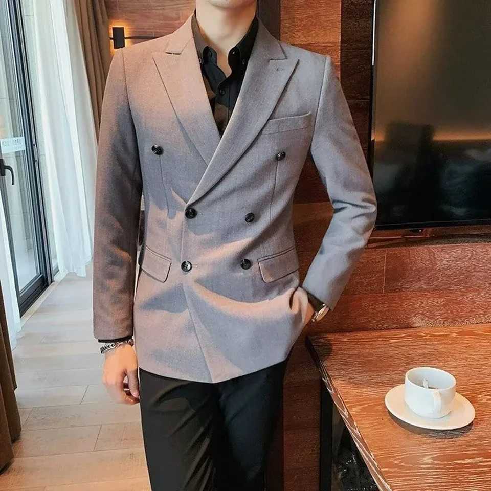 Mens ultra-thin fit double chest flat top lapel jacket business wedding party set jacket W250310